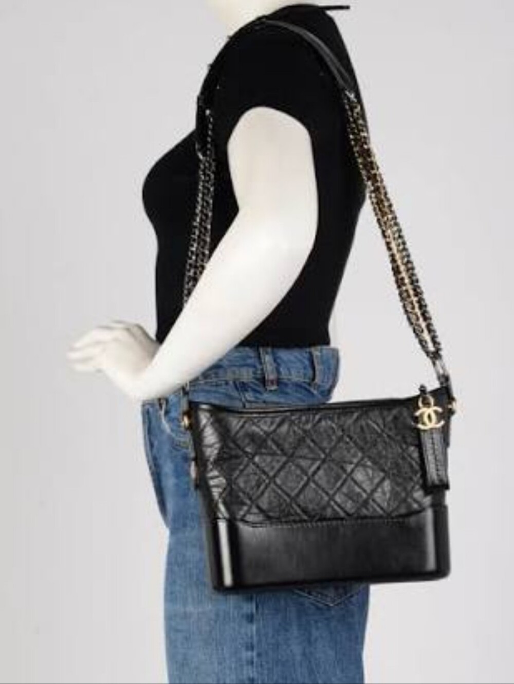 Black Quilted and Smooth Leather Shoulder Bag with Chain Strap